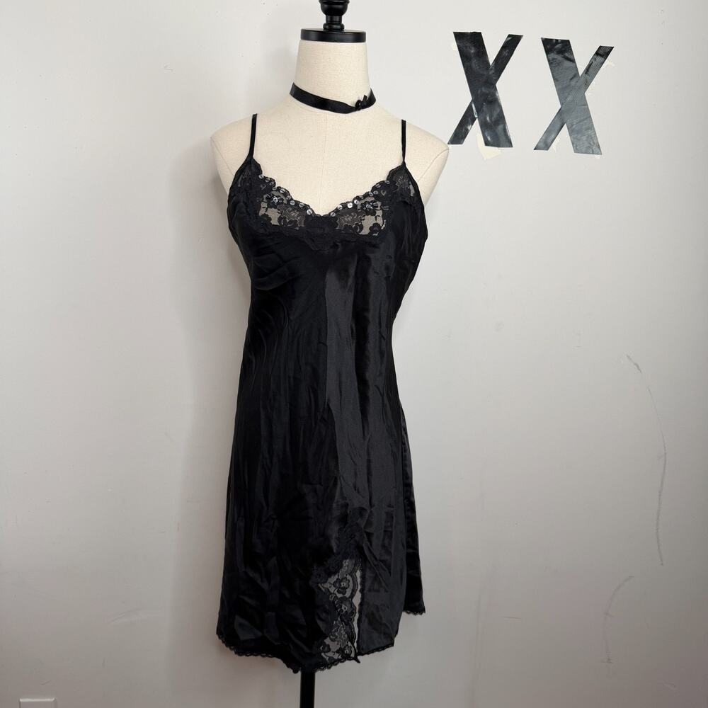 Y2K Black Sequin Beaded Lace Applique Slit Hem Embellished V Neck Midi Slip M